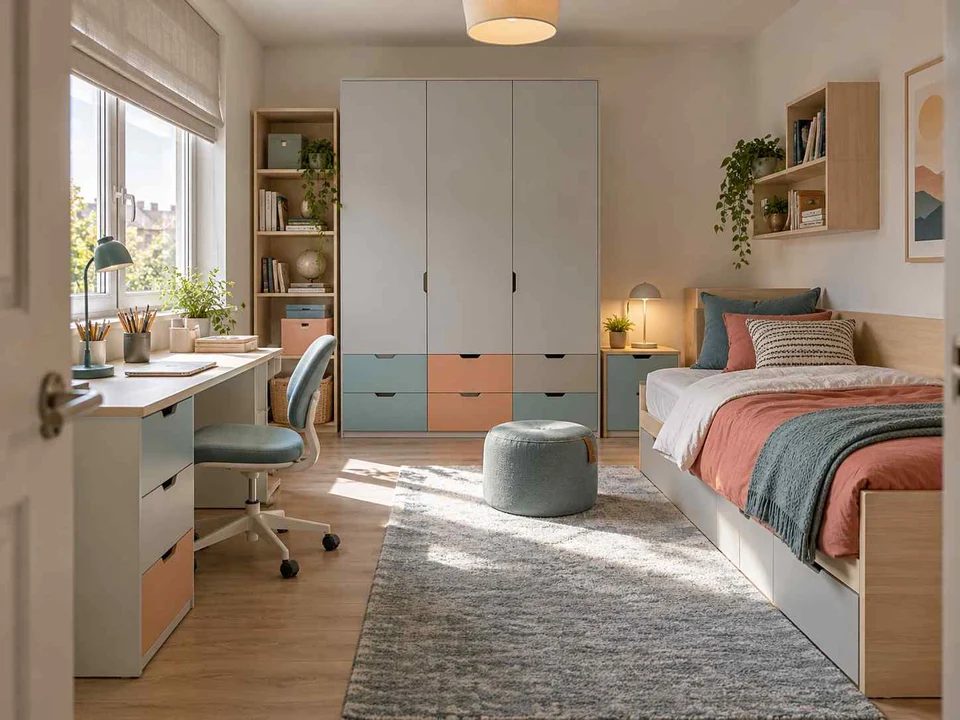 AI concept of a bedroom arranged with a bed, desk and storage furniture, with aqua accents and simple storage furniture