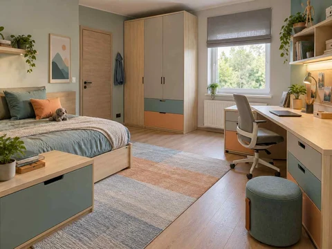 AI concept of sleeping and homework areas within the same room, with aqua accents and simple storage furniture