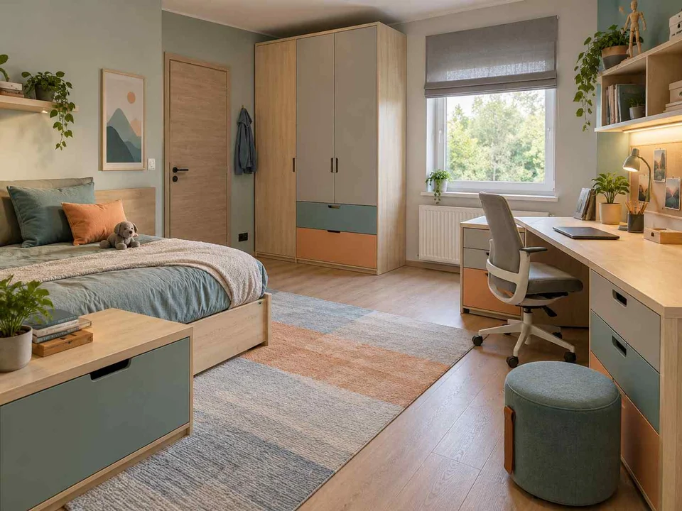 AI concept of sleeping and homework areas within the same room, with aqua accents and simple storage furniture