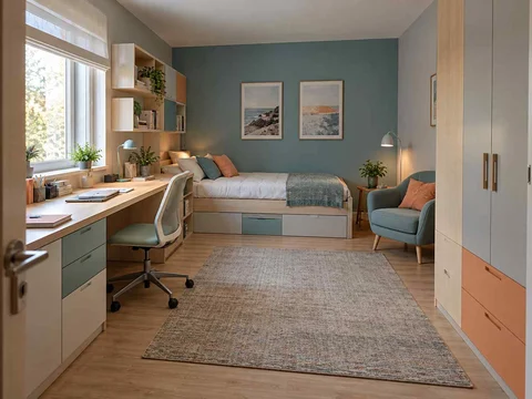 AI concept of a bedroom with desk space, task lighting and nearby storage, with aqua accents and simple storage furniture