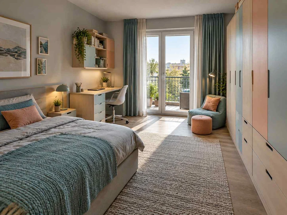 AI concept of a bedroom opening towards full-height glazed doors, with aqua accents and simple storage furniture