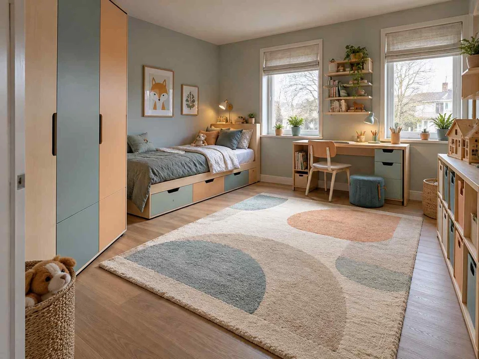 AI concept of a bedroom with a central rug and open floor space for play, with aqua accents and simple storage furniture