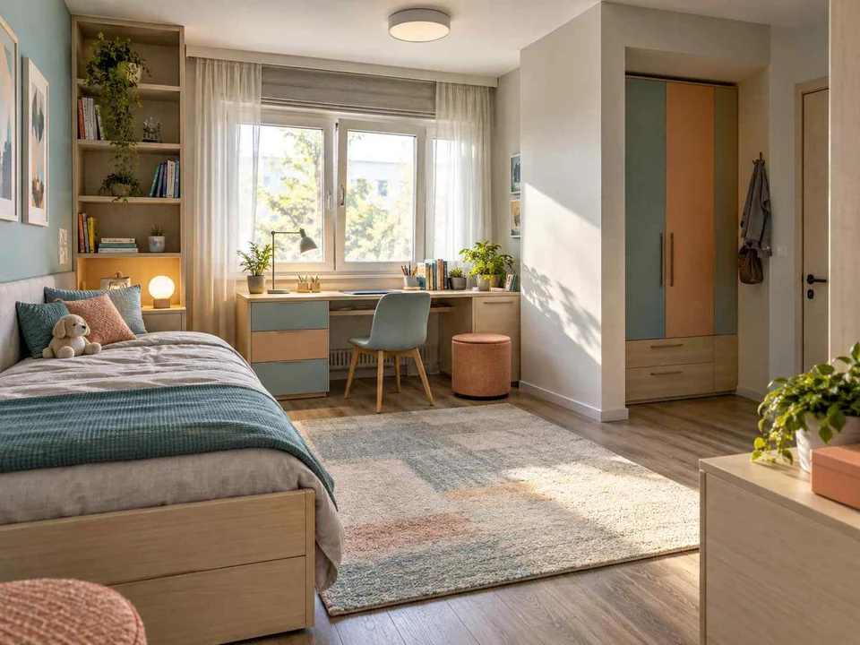 AI concept of a bedroom with a study desk and storage beside the sleeping area, with aqua accents and simple storage furniture