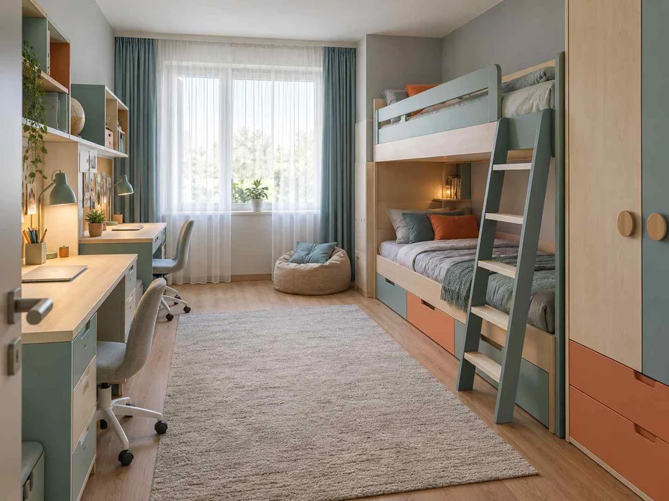 AI concept of bunk beds alongside study furniture and storage, with aqua accents and simple storage furniture