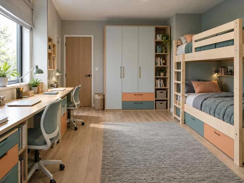 AI concept of bunk beds paired with bookshelves and study space, with aqua accents and simple storage furniture