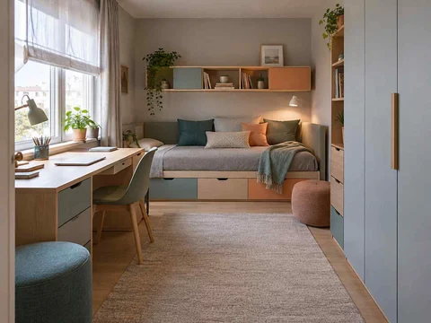 AI concept of a compact bedroom combining a bed, desk and storage, with aqua accents and simple storage furniture