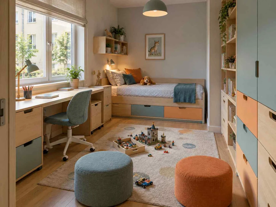 AI concept of a daylit bedroom with space for floor play, with aqua accents and simple storage furniture