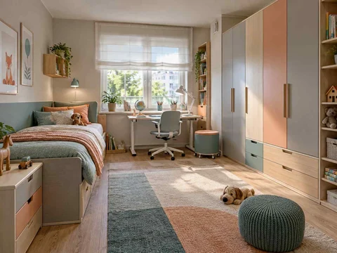 AI concept of a bedroom with a bed, study desk and open central floor space, with aqua accents and simple storage furniture