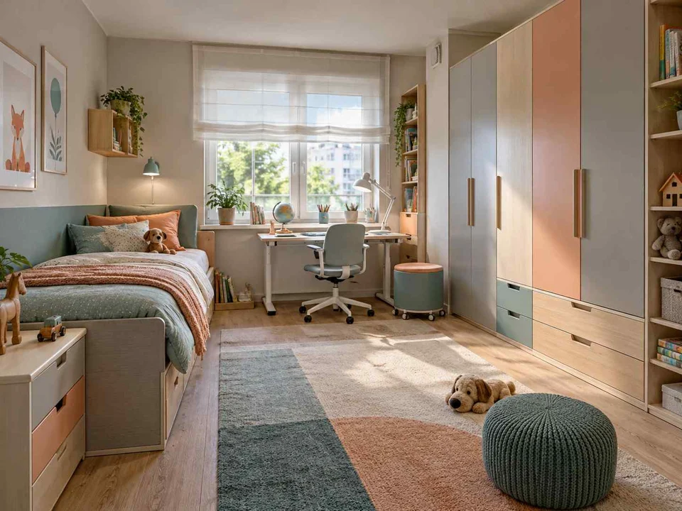 AI concept of a bedroom with a bed, study desk and open central floor space, with aqua accents and simple storage furniture