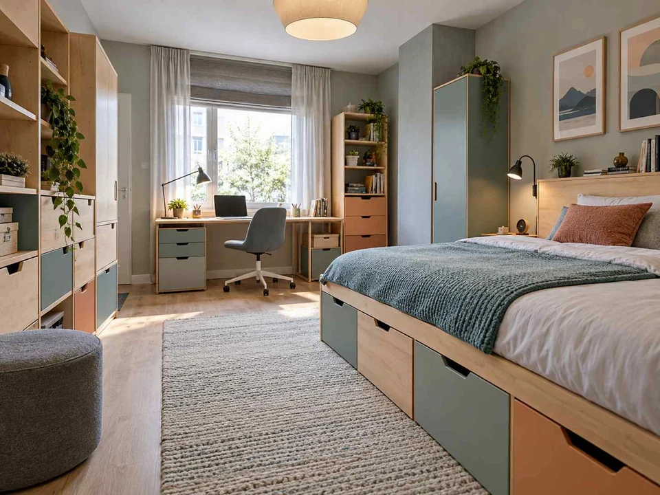 AI concept of a bedroom combining low storage with taller cabinetry or shelving, with aqua accents and simple storage furniture