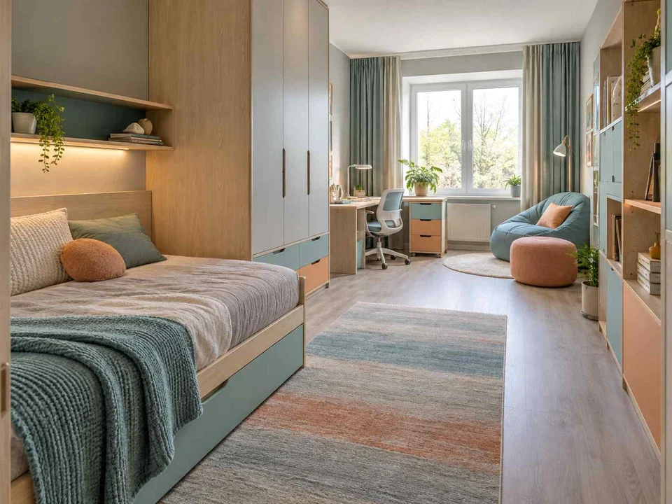 AI concept of a long bedroom with sleeping and study areas arranged along its length, with aqua accents and simple storage furniture