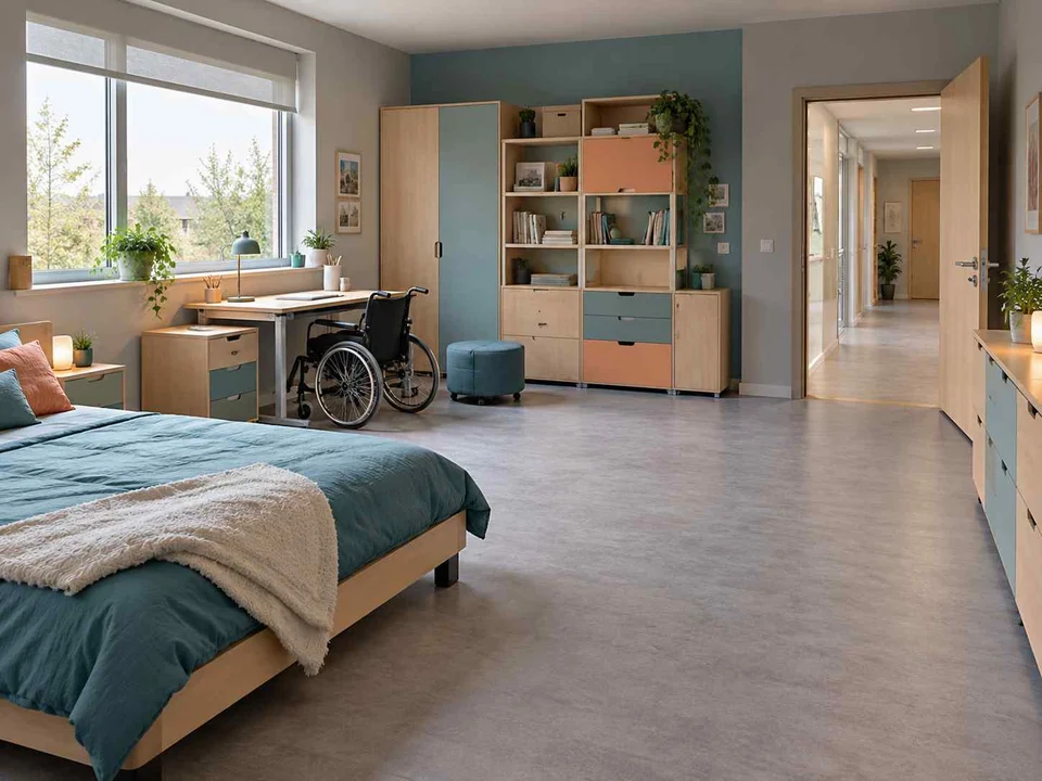 AI concept of a bedroom with an open central floor area and furniture arranged around its edges, with aqua accents and simple storage furniture