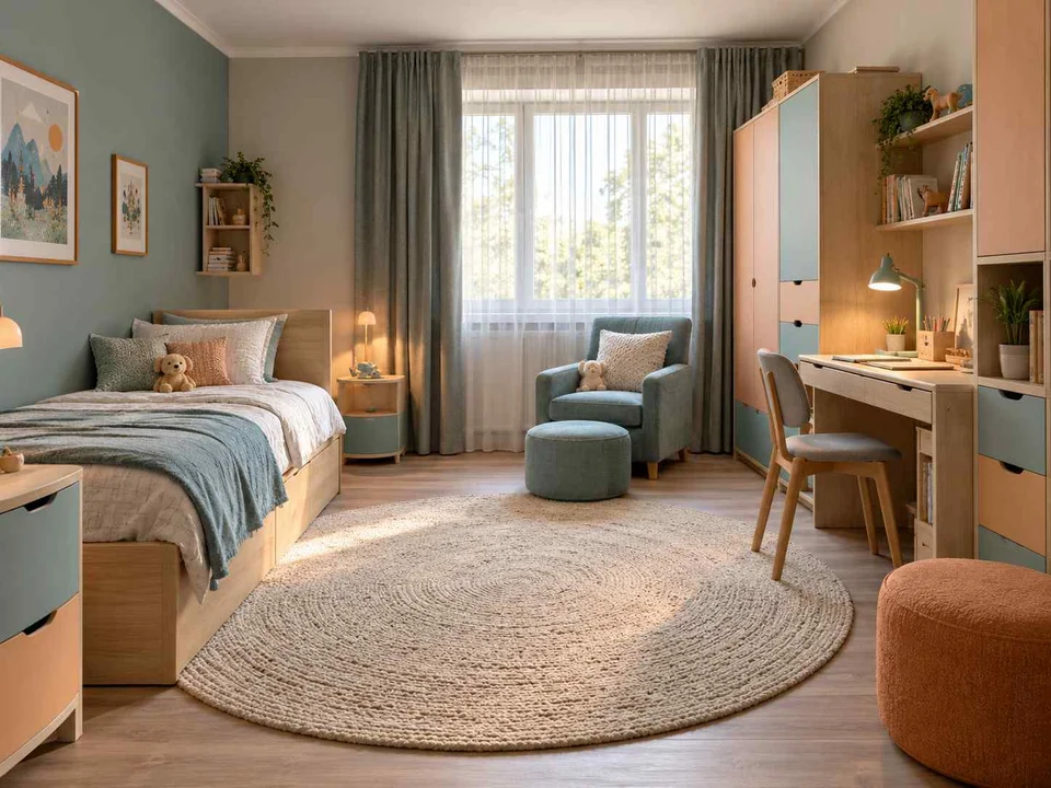 AI concept of a bedroom arranged around sleep, storage and a small sitting area, with aqua accents and simple storage furniture