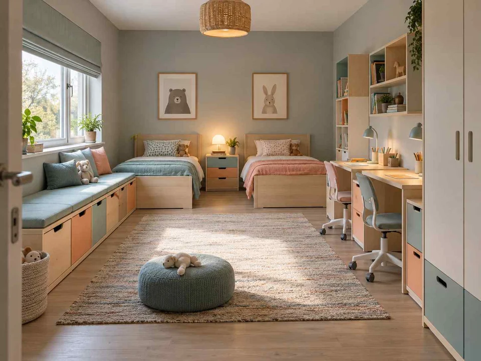 AI concept of a shared bedroom with twin sleeping areas and daylight from the window side, with aqua accents and simple storage furniture