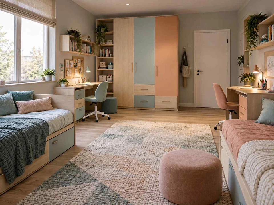 AI concept of a shared bedroom with two sleeping areas and desk space, with aqua accents and simple storage furniture