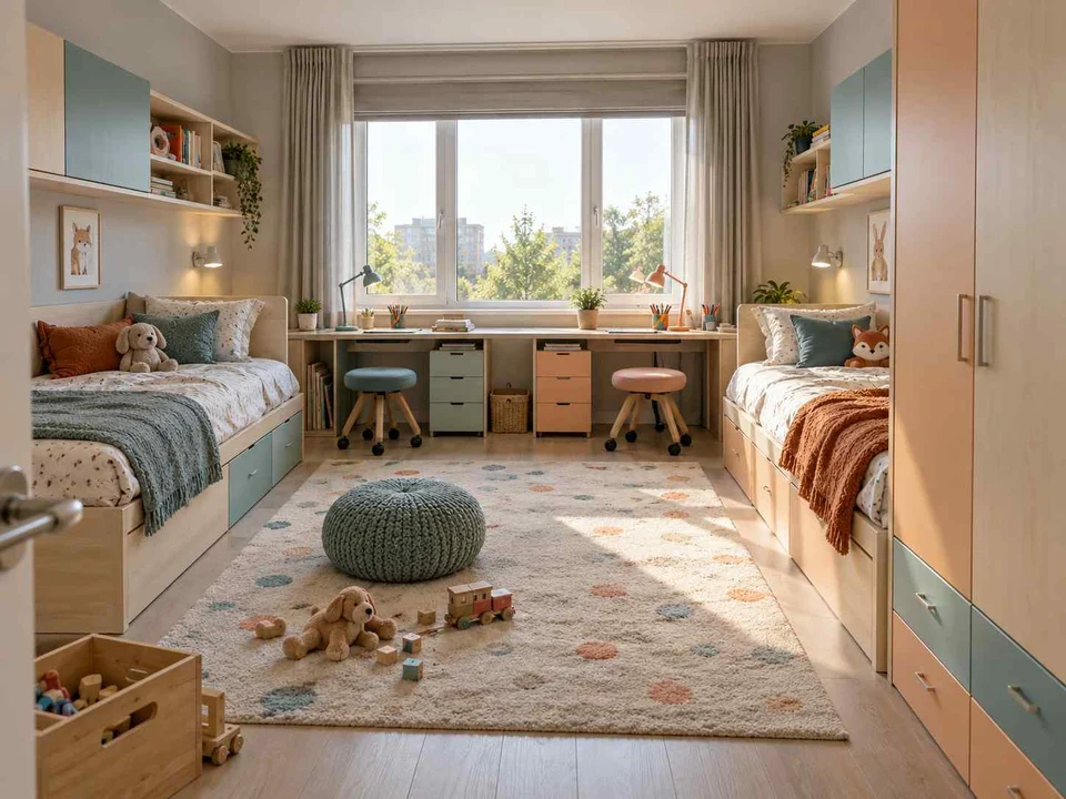AI concept of two beds arranged around a shared central floor area, with aqua accents and simple storage furniture
