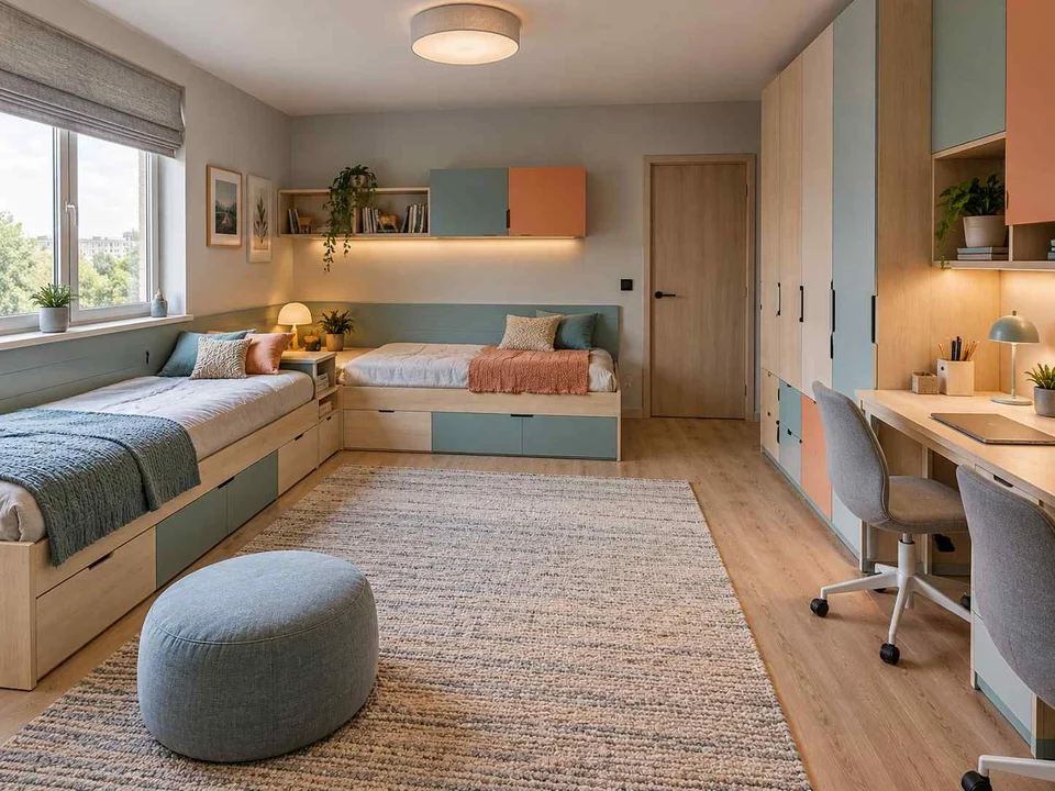 AI concept of a shared bedroom with two sleeping areas and study furniture, with aqua accents and simple storage furniture