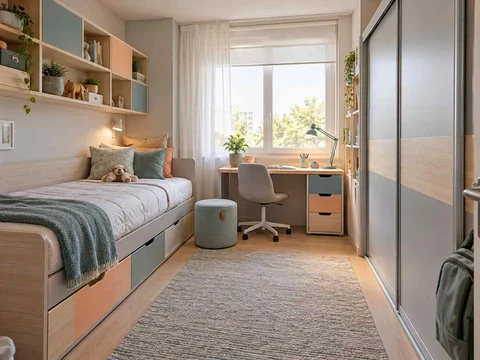 AI concept of a small bedroom with a bed, study furniture and integrated storage, with aqua accents and simple storage furniture