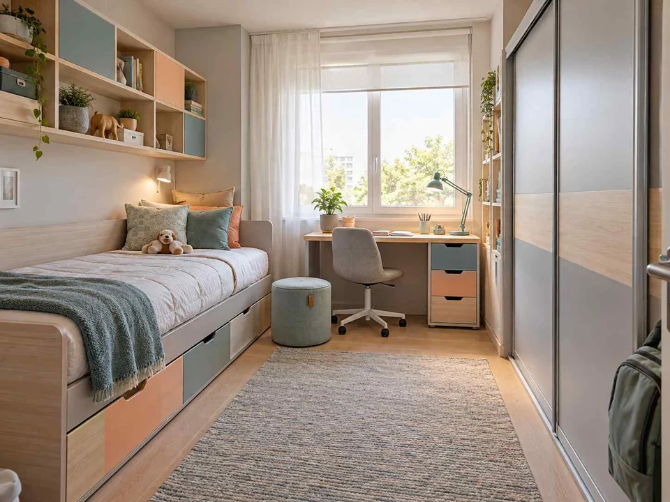 AI concept of a small bedroom with a bed, study furniture and integrated storage, with aqua accents and simple storage furniture