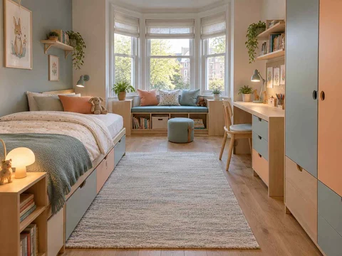 AI concept of a bedroom with a window-side seating area, with aqua accents and simple storage furniture