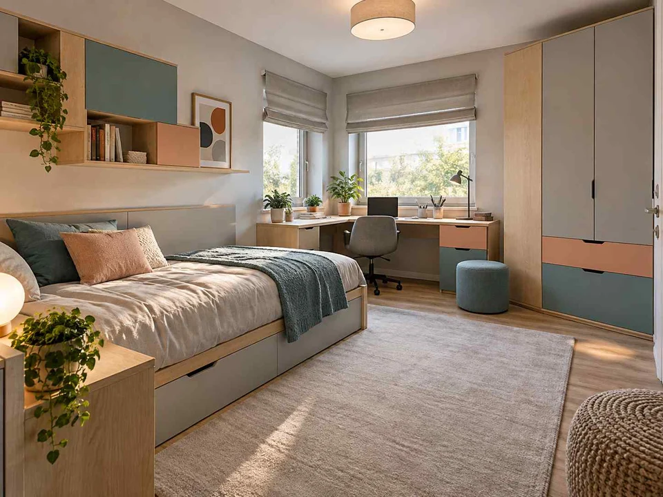 AI concept of a bedroom with a desk positioned near a window, with aqua accents and simple storage furniture