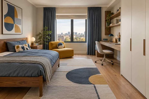 AI concept: a blue bed, full-height wardrobe and window desk create a room for changing interests