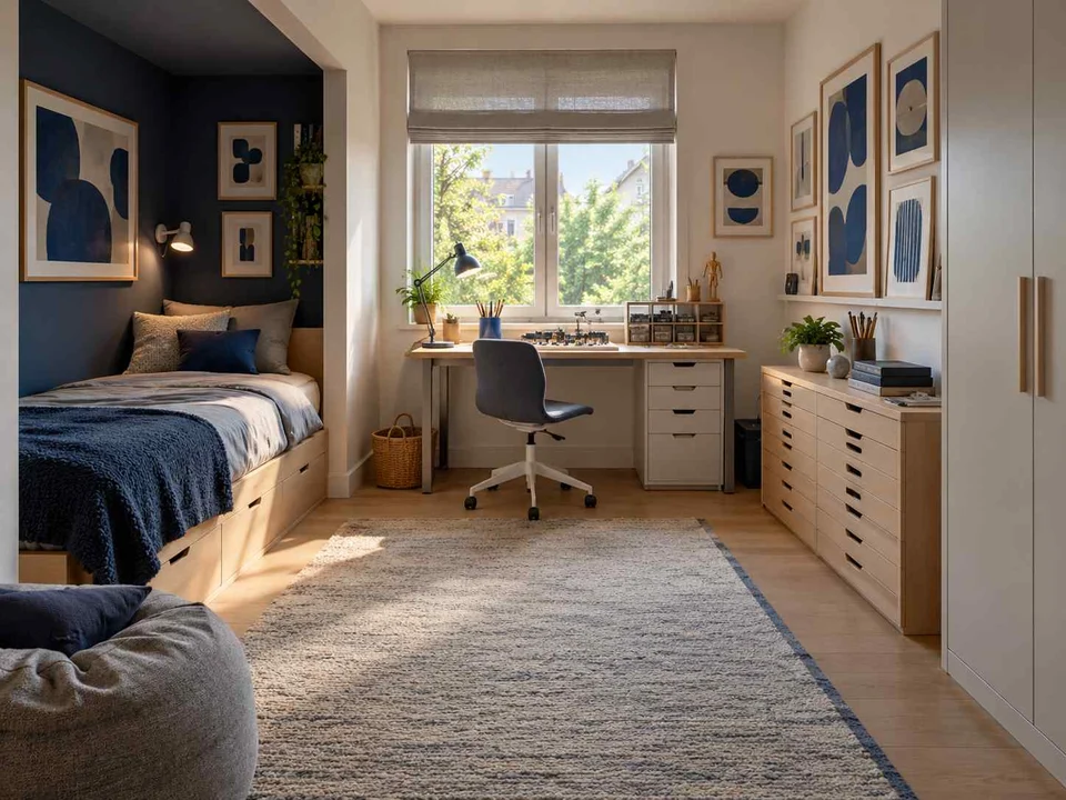 AI concept of a bedroom with a recessed sleeping area and a separate desk, with framed wall art and blue accents