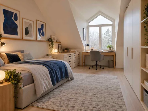 AI concept of a bedroom beneath a sloping ceiling with a bed and desk, with framed wall art and blue accents