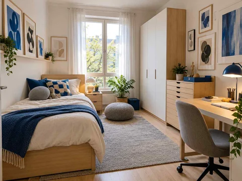AI concept of a bedroom arranged with a bed, desk and storage furniture, with framed wall art and blue accents