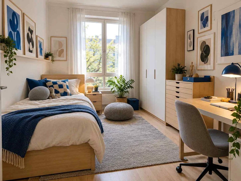 AI concept of a bedroom arranged with a bed, desk and storage furniture, with framed wall art and blue accents