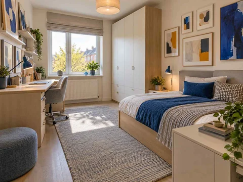 AI concept of sleeping and homework areas within the same room, with framed wall art and blue accents
