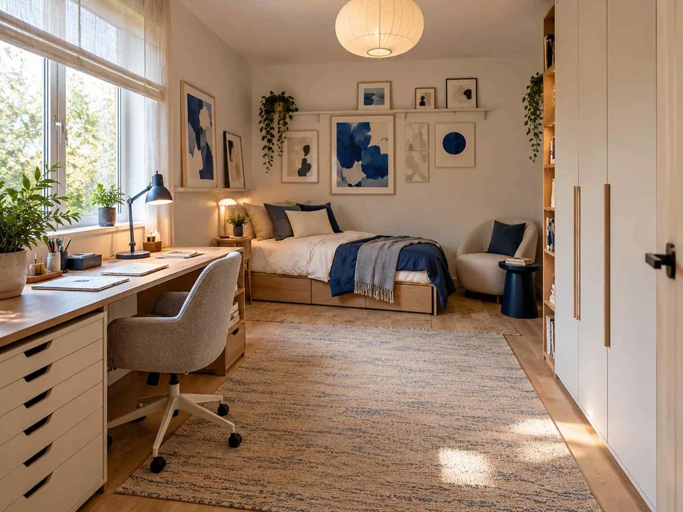 AI concept of a bedroom with desk space, task lighting and nearby storage, with framed wall art and blue accents