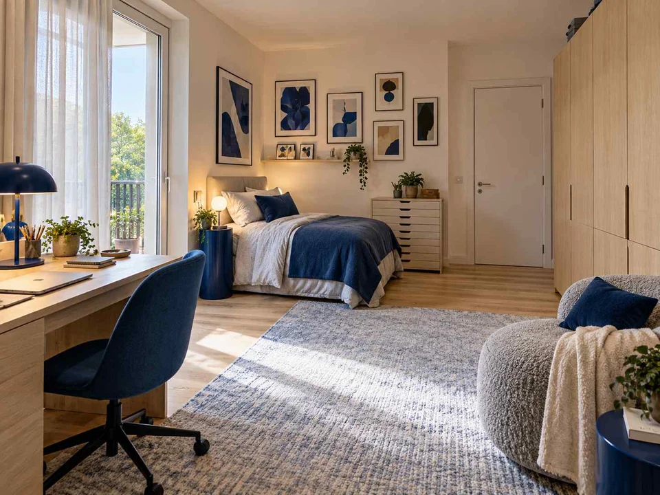 AI concept of a bedroom opening towards full-height glazed doors, with framed wall art and blue accents