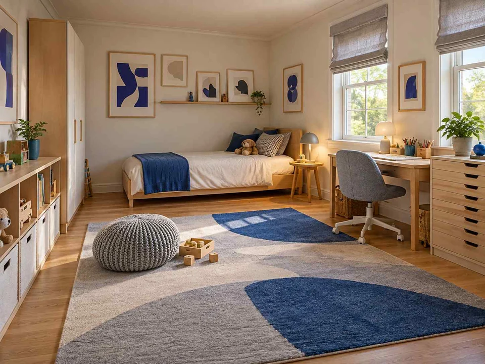 AI concept of a bedroom with a central rug and open floor space for play, with framed wall art and blue accents