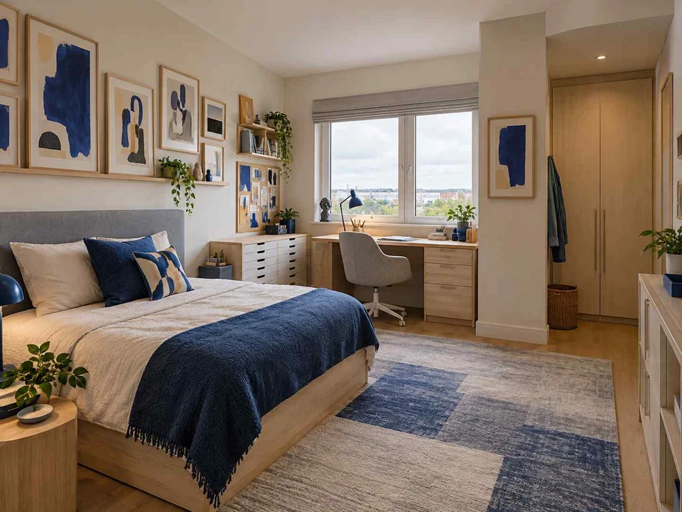AI concept of a bedroom with a study desk and storage beside the sleeping area, with framed wall art and blue accents