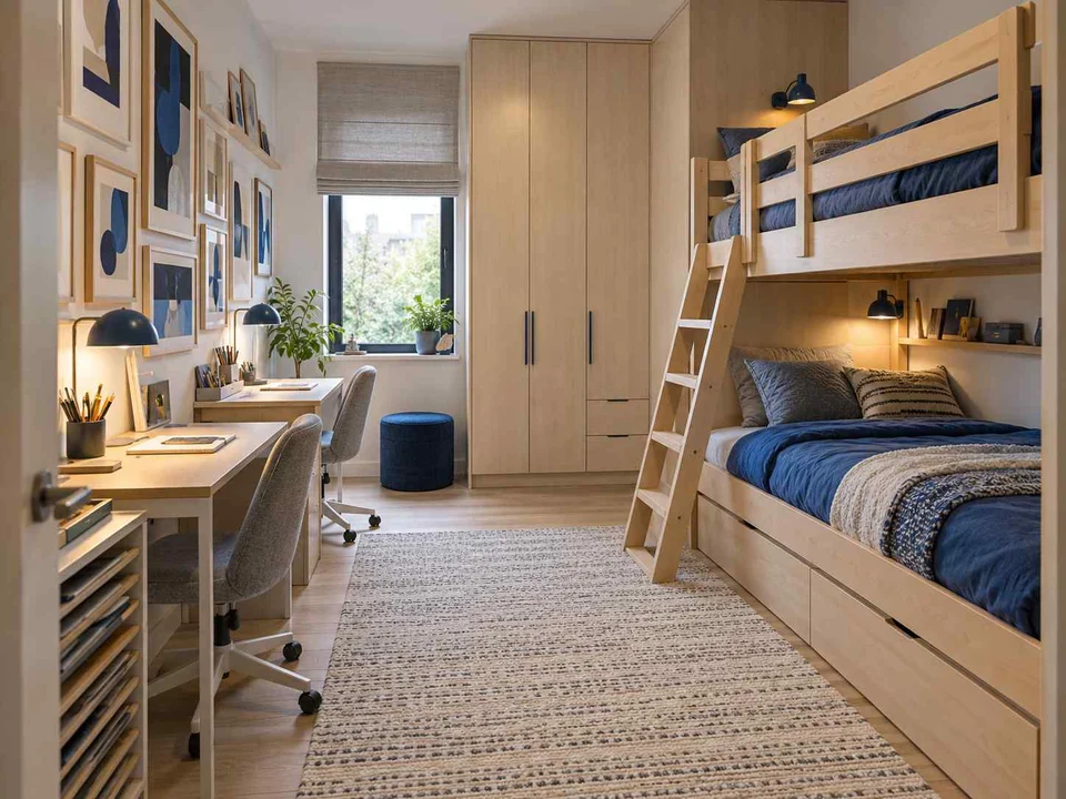 AI concept of bunk beds alongside study furniture and storage, with framed wall art and blue accents