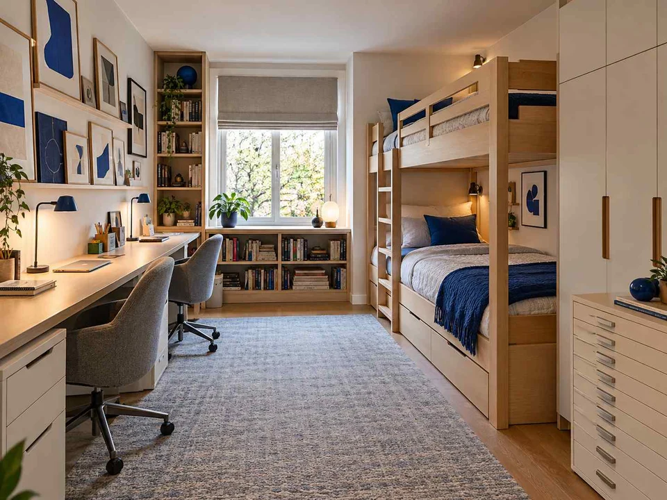 AI concept of bunk beds paired with bookshelves and study space, with framed wall art and blue accents