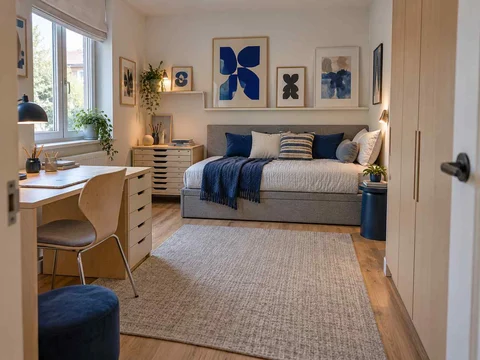 AI concept of a compact bedroom combining a bed, desk and storage, with framed wall art and blue accents