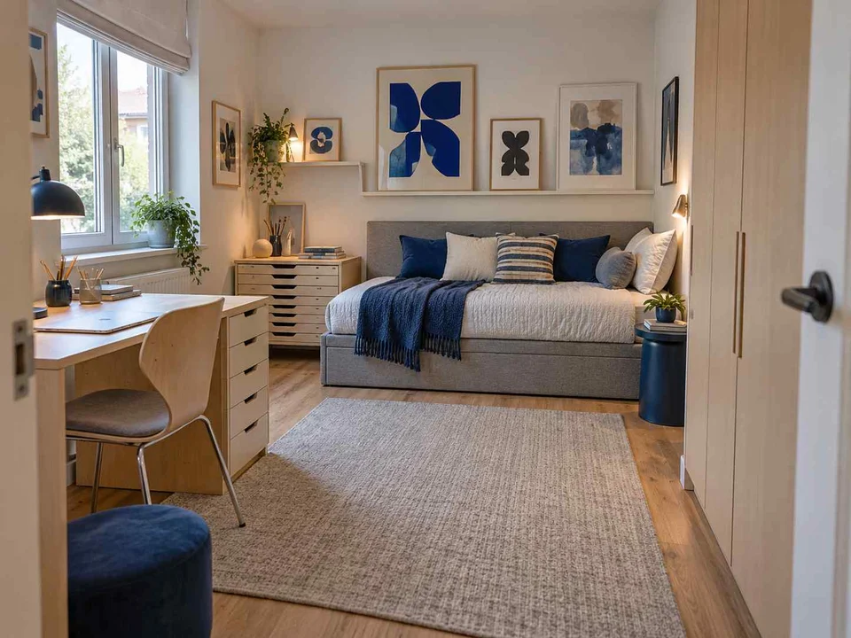 AI concept of a compact bedroom combining a bed, desk and storage, with framed wall art and blue accents