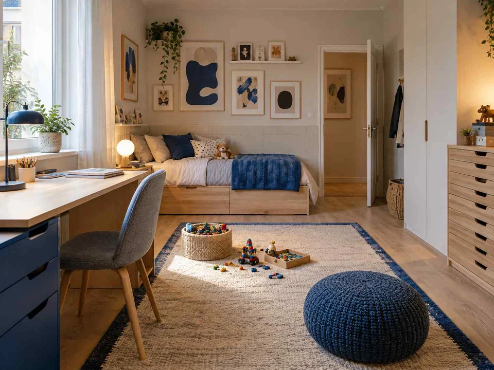 AI concept of a daylit bedroom with space for floor play, with framed wall art and blue accents