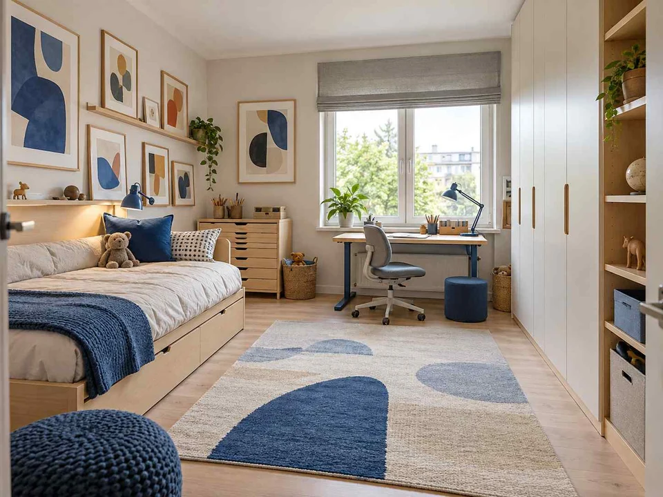 AI concept of a bedroom with a bed, study desk and open central floor space, with framed wall art and blue accents