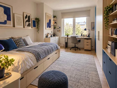 AI concept of a bedroom combining low storage with taller cabinetry or shelving, with framed wall art and blue accents