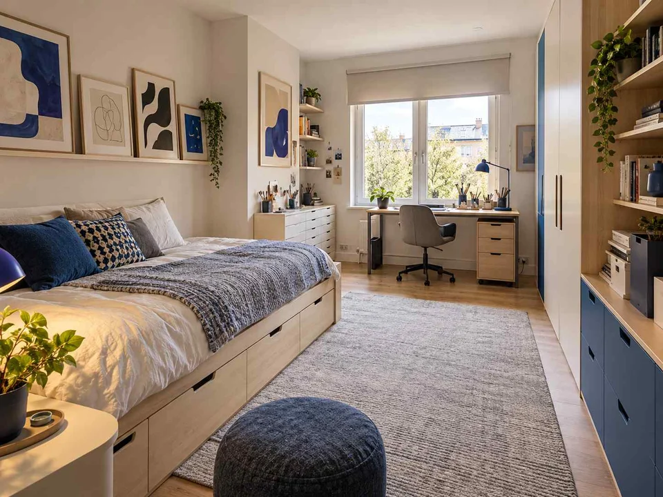 AI concept of a bedroom combining low storage with taller cabinetry or shelving, with framed wall art and blue accents