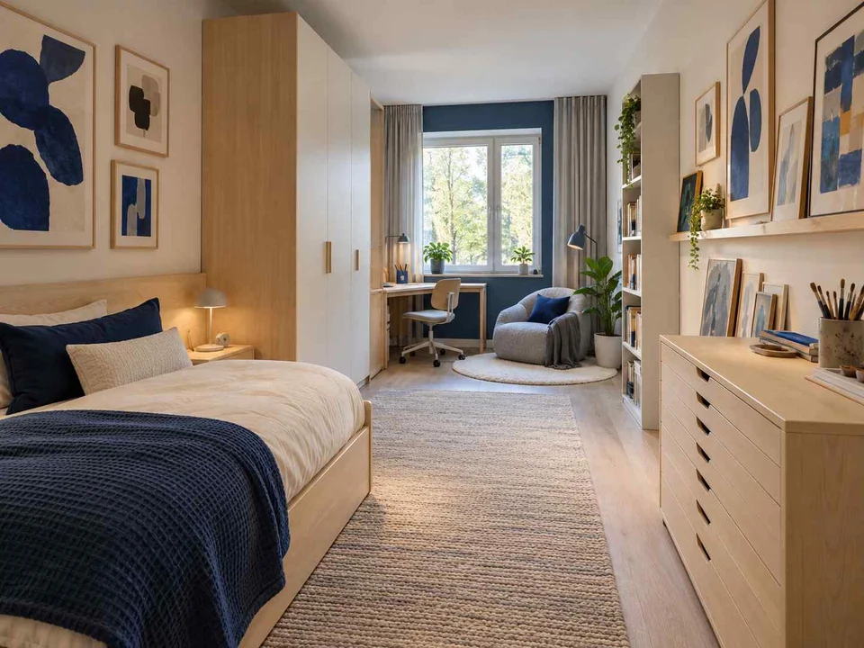 AI concept of a long bedroom with sleeping and study areas arranged along its length, with framed wall art and blue accents