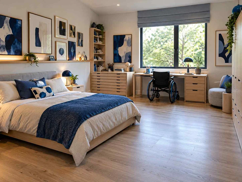 AI concept of a bedroom with an open central floor area and furniture arranged around its edges, with framed wall art and blue accents