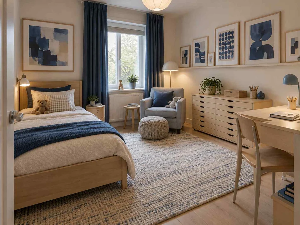 AI concept of a bedroom arranged around sleep, storage and a small sitting area, with framed wall art and blue accents