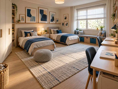 AI concept of a shared bedroom with twin sleeping areas and daylight from the window side, with framed wall art and blue accents
