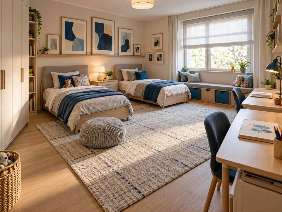 AI concept of a shared bedroom with twin sleeping areas and daylight from the window side, with framed wall art and blue accents