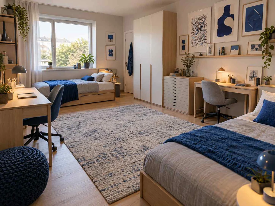 AI concept of a shared bedroom with two sleeping areas and desk space, with framed wall art and blue accents