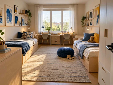 AI concept of two beds arranged around a shared central floor area, with framed wall art and blue accents